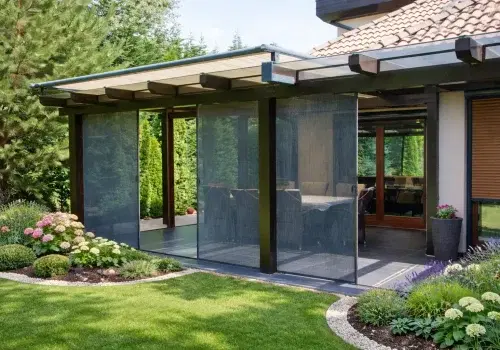 Horren geplaatst op een veranda vanaf buiten gezien in een groene tuin